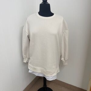 ChicMe Women’s XL Cream Beige Pullover Sweatshirt Long Sleeve Crewneck Side Zip